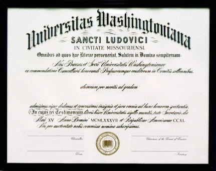 A Washington University diploma written in Latin.