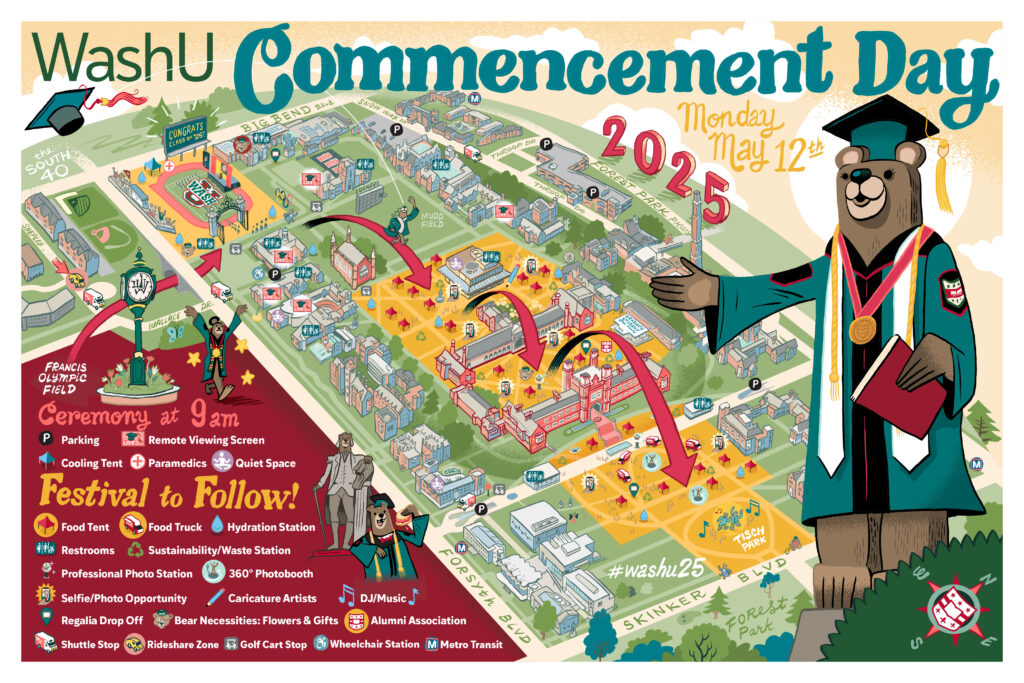 Illustrated map of Washington University in St. Louis titled “WashU Commencement Day, opens a larger, PDF version for detailed viewing.