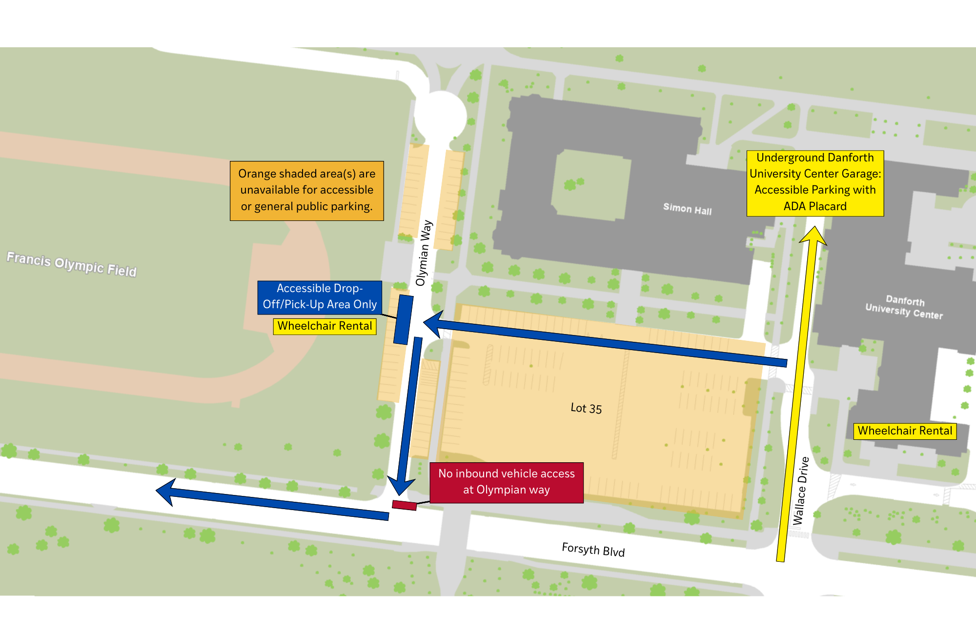 Photo of accessible drop-off and pick-up areas. Accessible drop-off and pick-up is located east of Francis Olympic Field on Olympian Way. Accessible parking with an ADA placard is available in the underground Danforth University Center garage. 