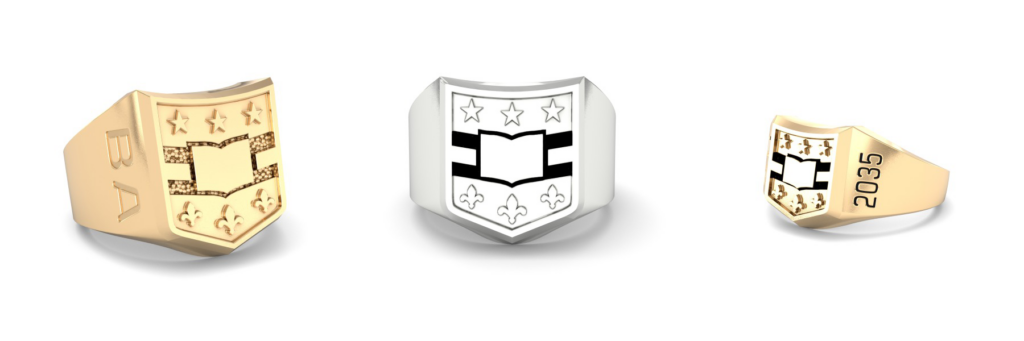 Three versions of WashU's class ring are shown, in yellow and white gold.